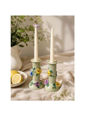 Vintage Floral Candlestick Holders Pair, Cottagecore Candle Holders, Ceramic Pan